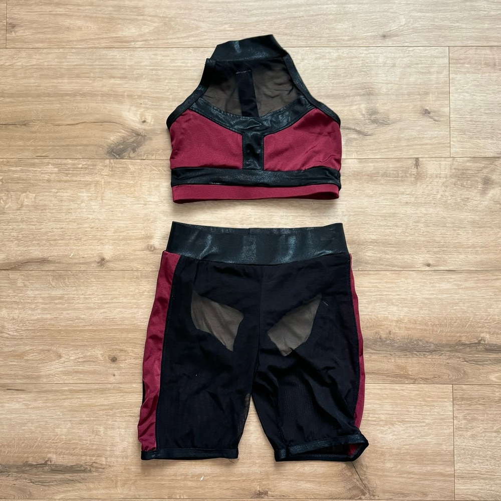 Girls preteen dance costume black and maroon halter top short set‎